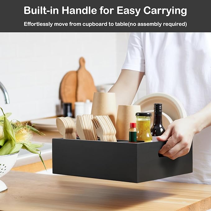 Wood Utensil Holder for Party, 6-Compartment Paper Plate Organizer with Handles, Wooden Silverware Caddy for Picnic, Camping, BBQ, Buffet, and Kitchen Countertop Organization, Black