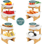 Seven Sparta 2 Tier Fruit Bowl for Kitchen Counter/Ceramic Serving Bowls with Bamboo Stand/Tiered Fruit Basket for Fruit Vegetable Storage, Cake, Dessert, Nuts, Snack, Salad (Dishwasher Safe)