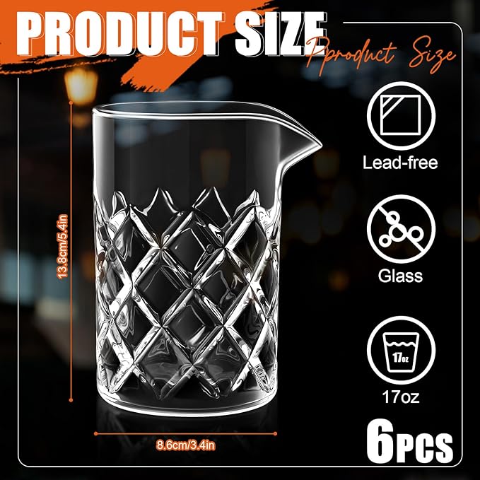 Dandat Cocktail Mixing Glass Crystal Stirring Glass Thick Bottom Seamless Cocktail Pitcher for Home Bartender Bar Whiskey Martini Drink Shaker Accessories(6 Pcs,17 oz)