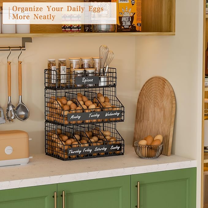 keomaisyto Egg Holder Countertop with 5 Dividers & DIY Nameplate to Separate Eggs, 3 Tier Stackable Wire Storage Baskets for Gathering Fresh Eggs, XXL Large Egg Rack, Wall-Mounted (Patent Pending)