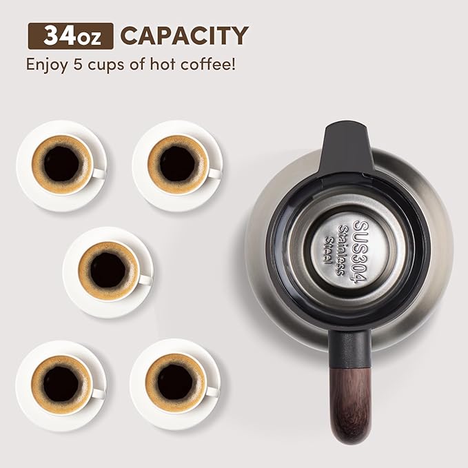 Vondior Coffee Carafe 35oz/1.0L - 24Hours Coffee Thermal- Insulated 304 Stainless Steel Hot Beverage Dispenser - Thermal Coffee Carafes For Keeping Hot/Cold Coffee, Drink Dispenser for Parties