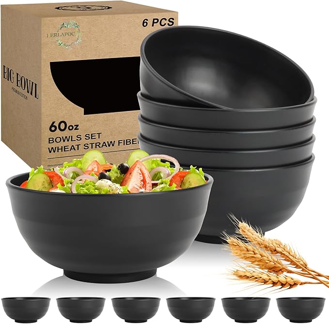 Wheat Straw Bowls Set of 6, Unbreakable Lightweight 60 OZ Salad Bowls for Kitchen and Camping, Big Plastic Bowl for Serving, Cereal, Ramen, Soup, Microwave & Dishwasher Safe, Black