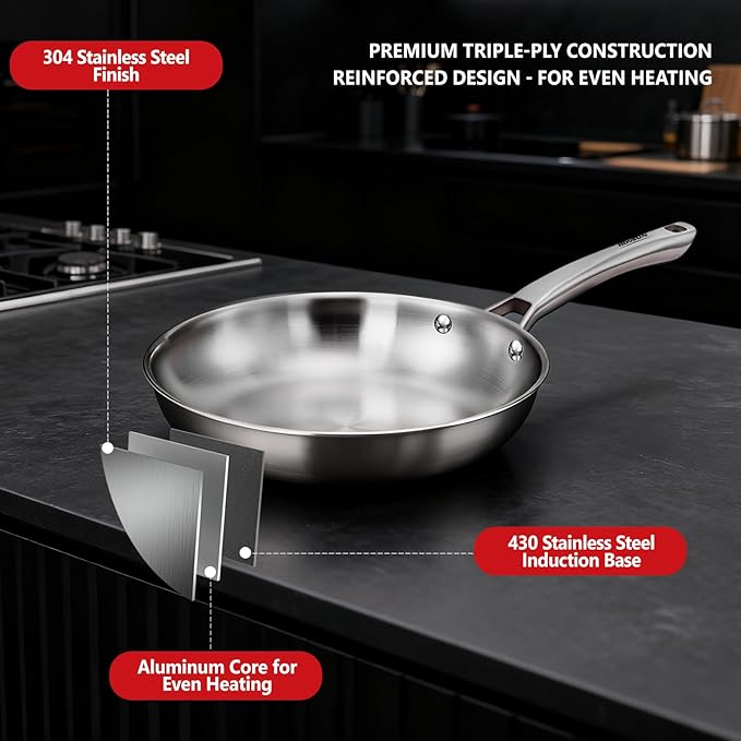 ROVSUN 11-Pcs Stainless Steel Cookware Set, Tri-Ply Pots and Pans Set, Non-Toxic Kitchen Set, PFOA & PTFE Free, Full Clad Frying Pans, Saucepans, Saute Pan & Stock Pot, Compatible for All Cooktops