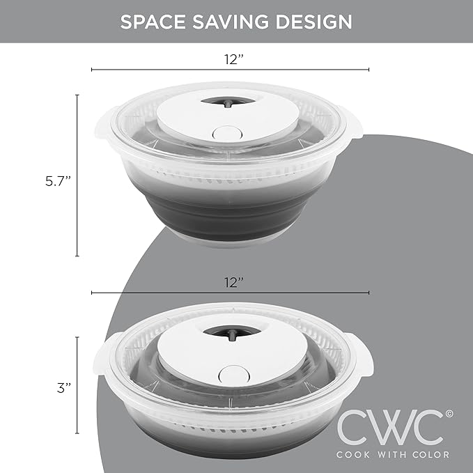 COOK WITH COLOR Collapsible Salad Spinner - 4 QT Space Saving Lettuce Dryer with Folding Collapsible Colander Great for Washing and Drying Fruit and Vegetables (Grey)