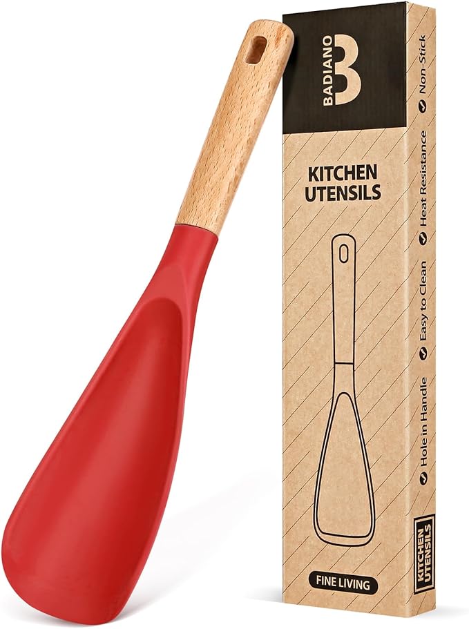 Cooking Spoon for Nonstick Cookwares, Great for Cooking and Serving Sturdy BPA-Free Matte Silicone, Wood Handle Spoon for Mixing, Scoop, and Scrape (RED)