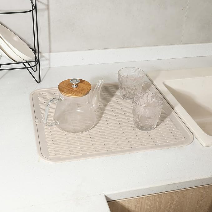 Silicone Dish Drying Mat for Multiple Usage,Easy clean,Eco-friendly,Heat-resistant Silicone Mat for Kitchen Counter or Sink,Refrigerator or Drawer Liner Tapioca XL 18 inches x 16 inches