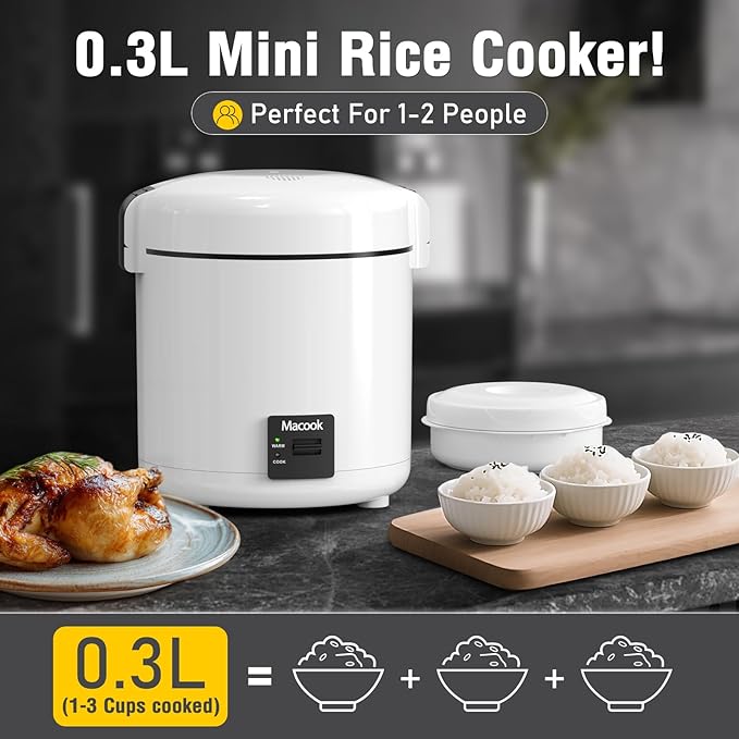 Mini Rice Cooker 1-1.5 Cups Uncooked(3 Cups Cooked), Rice Cooker Small with Bento Box, Removable Nonstick Pot, One Touch&Keep Warm Function, Portable Cooker for Soup Grain Oatmeal Veggie, Black