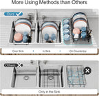 iSPECLE Expandable in Sink Dish Drying Rack with Mat - Adjustable Capacity Over The Sink Dish Drainer Drying Rack with Utensil Holder, 12.4"-17.1" L x 12" W, Black