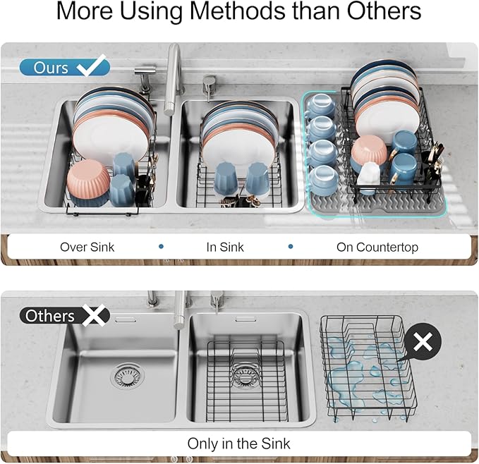 iSPECLE Expandable in Sink Dish Drying Rack with Mat - Adjustable Capacity Over The Sink Dish Drainer Drying Rack with Utensil Holder, 12.4"-17.1" L x 12" W, Black