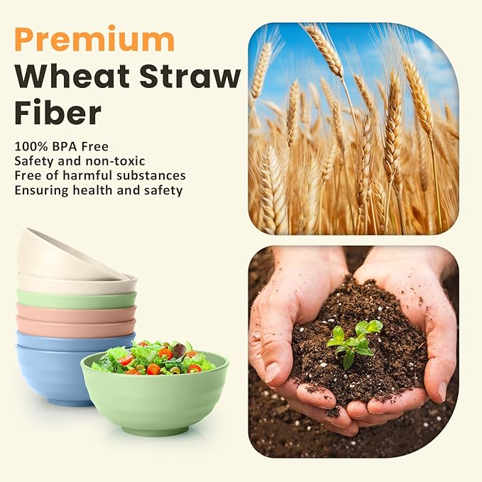 Homienly Large Wheat Straw Bowls 60oz Light Color Bowl Set of 8 - The Ultimate All-in-One Set for Salad, Soup, Cereal & Oatmeal, Microwave Safe & Unbreakable