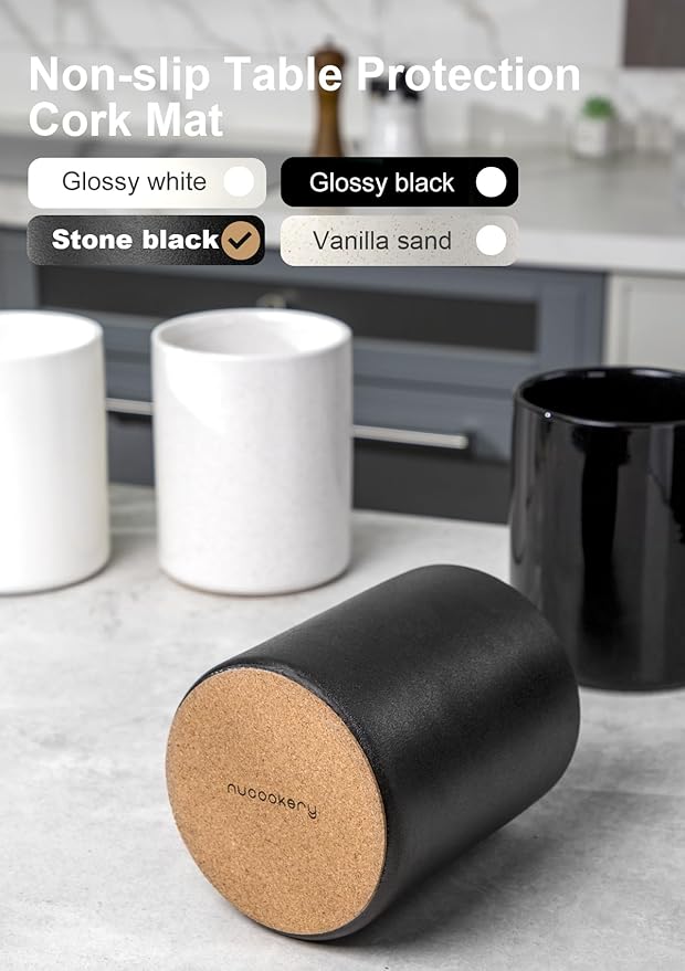 Nucookery Utensil Holder, 6.4" Ceramic Kitchen Utensil Holder with Countertop-Protection Cork Bottom, Farmhouse Kitchen Decor for Counter, Christmas Gift (Stone Black)