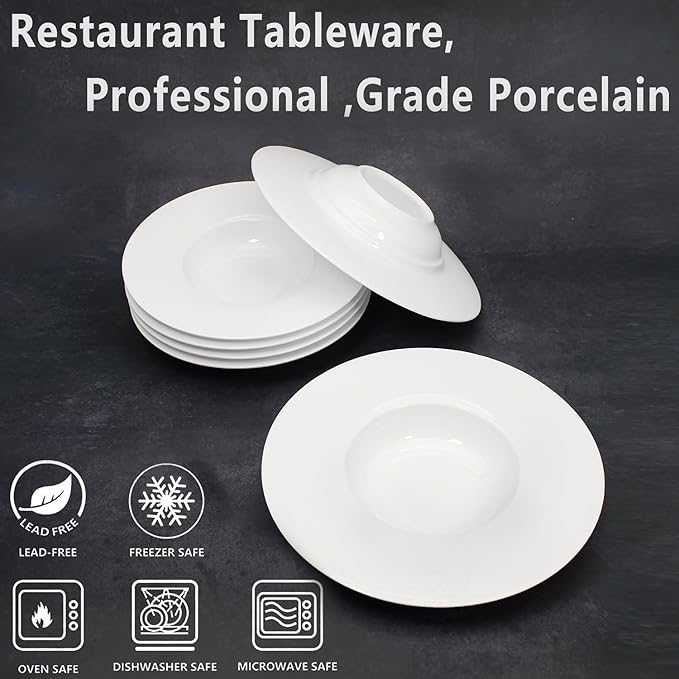 Ceramic Wide Rimmed Soup Plate, Soup Bowl 9 oz, Pasta Bowl Set of 4, White Shallow Bowl Plate with Rim, Best choice for high-end restaurants, hotels, and foodies, 10.85 Inch