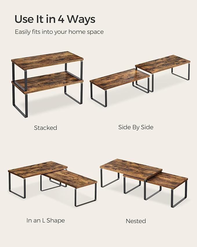 SONGMICS Cabinet Organizer Shelf, Set of 4 Kitchen Counter Shelves, Kitchen Storage, Spice Rack, Stackable, Expandable, Metal and Engineered Wood, Ink Black and Rustic Brown UKCS022X01