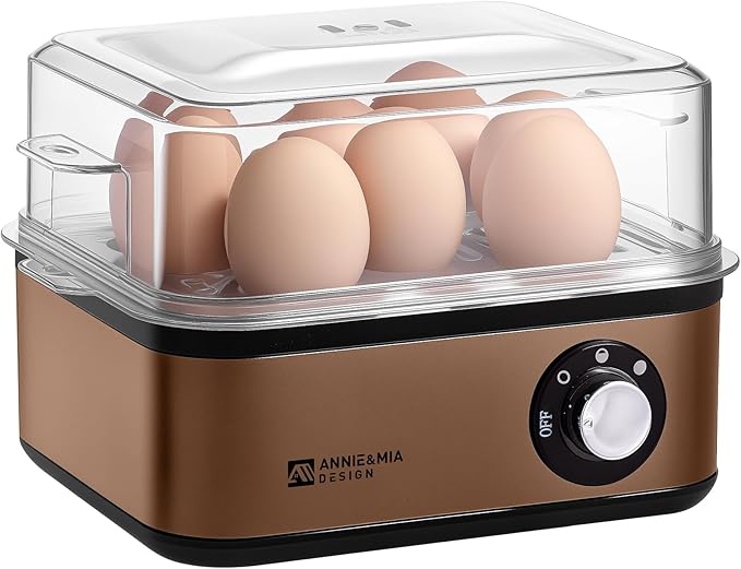 Annie & Mia Design Electric Egg Cooker, Stainless Steel 8 Egg Capacity egg boiler, 500W, Hard, Medium, Soft Boiled Egg Poacher, egg steamer, Multi-function, Knob Auto Shut-Off Function (Gold)
