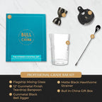 4 Piece Cocktail Kit by Bull In China - Premium Bartender Gift Set Includes Flagship Mixing Glass, 12 inch Barspoon, Bell Jigger & Hawthorne Strainer For Professional & Home Bars (Gunmetal Black)