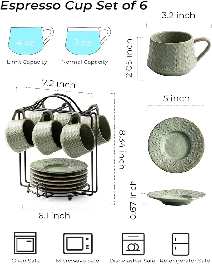 Espresso Cups Set of 6, 4 oz Demitasse Cups with Saucer and Metal Stand Small Coffee Cup Set, Porcelain Cappuccino Cups for Latte, Cafe Mocha and Tea, Green