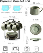 Espresso Cups Set of 6, 4 oz Demitasse Cups with Saucer and Metal Stand Small Coffee Cup Set, Porcelain Cappuccino Cups for Latte, Cafe Mocha and Tea, Green