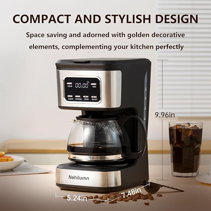 5-6 Cup Programmable Coffee Machine, Reusable Filter, Coffee Pot, Water Level Indicator, Automatic Shut-Off, Black&Stainless Steel
