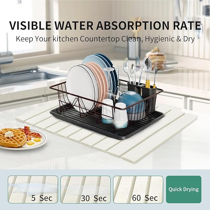 Stone Drying Mat for Kitchen Counter, Collapsible Dish Drying Mat, Fast Drying Diatomaceous Earth Dish Drying Mats, Water Absorbent Diatomite Kitchen Mat (white, medium)