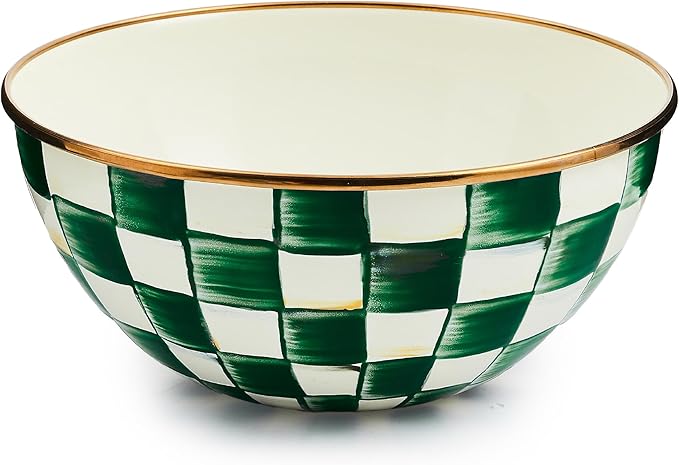 MACKENZIE-CHILDS Enamel Everyday Bowl, Serving Bowl for Entertaining, Small, Green-and-White Emerald Check