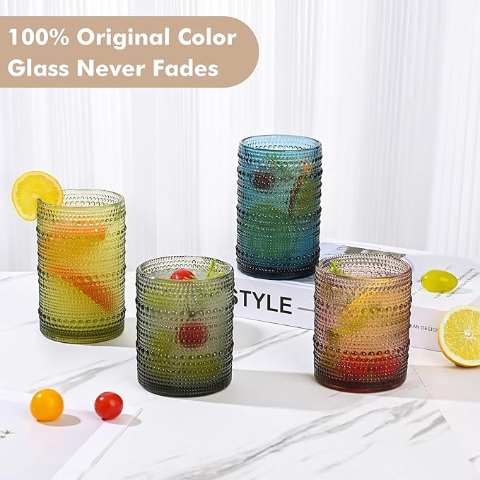Vintage Hobnail Drinking Glasses Set of 8,Colored 12 oz & 15oz Highball Glass Cups, Kitchen Drinkware Glassware,Embossed Water Tumbler,for Beer,Cocktail,Whiskey,Juice and Various Mixed Drinks