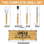 Uncle Gifts, Fathers Day Uncle Gift from Niece Heavy Duty Wooden BBQ Grilling Accessories Kit for Backyard, Thick Stainless Steel Grill Utensils with Non-Slip Handle Tools in Portable Bag Father's Day
