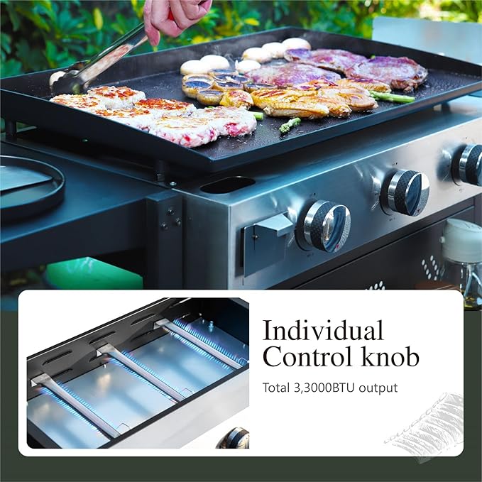 Sophia & William 28-Inch Flat Top Grill with Ceramic Coated Cast Iron Griddle, 3-Burner Propane Gas BBQ Griddle, Portable Outdoor Barbecue Grill,33,000 BTU,Black