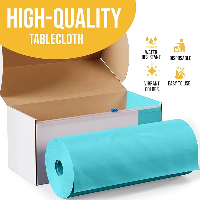 Exquisite Light Blue Plastic 54x300 inches Tablecloth Roll with Built-in Cutter, 300 Feet, Rectangular, All-Season, 1 Count