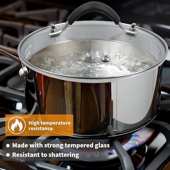 Woogim Thickened Stainless Steel Saucepan Milk Pot Glass Lid Included,Ergonomic Curved Handle with Strainer Holes and Pour Spout,2 Quart Sauce Pan,Suitable for Various Cooking Needs