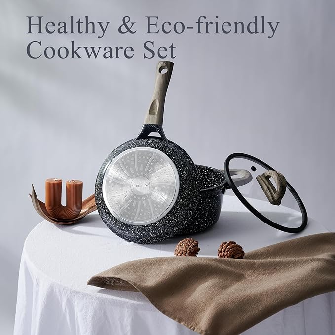 Ceramic Cookware Set 22 Piece Nonstick Pots and Pans Set Non Stick Kitchen Cooking Sets 8"Frying Pans with Lid,Black Granite Non-Toxic Induction Kitchen Cookware w/Glass Lids PFOS/PFOA-Free