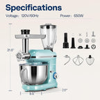 VIVOHOME 3 in 1 Multifunctional Stand Mixer with 6 Quart Stainless Steel Bowl, 650W 6 Speed Tilt-Head Meat Grinder, Juice Blender, Blue