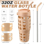MUKOKO 32 oz Glass Tumbler with Straw,Glass Water Bottles with Time Marker,Iced Coffee Cup with 2 Lids-Handle Spout Lid&Straw Lid,Silicone Sleeve,Leakproof,1 Pack-Amber