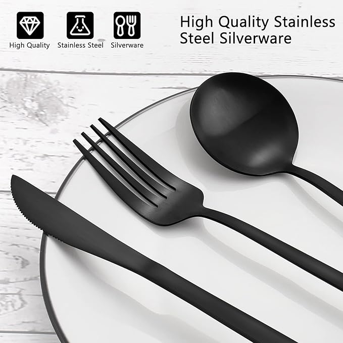 Matte Black Silverware Set, VANVRO 40-Piece Stainless Steel Flatware Set, Satin Finish tableware Cutlery Set, Service for 8, Home and Restaurant, Dishwasher Safe