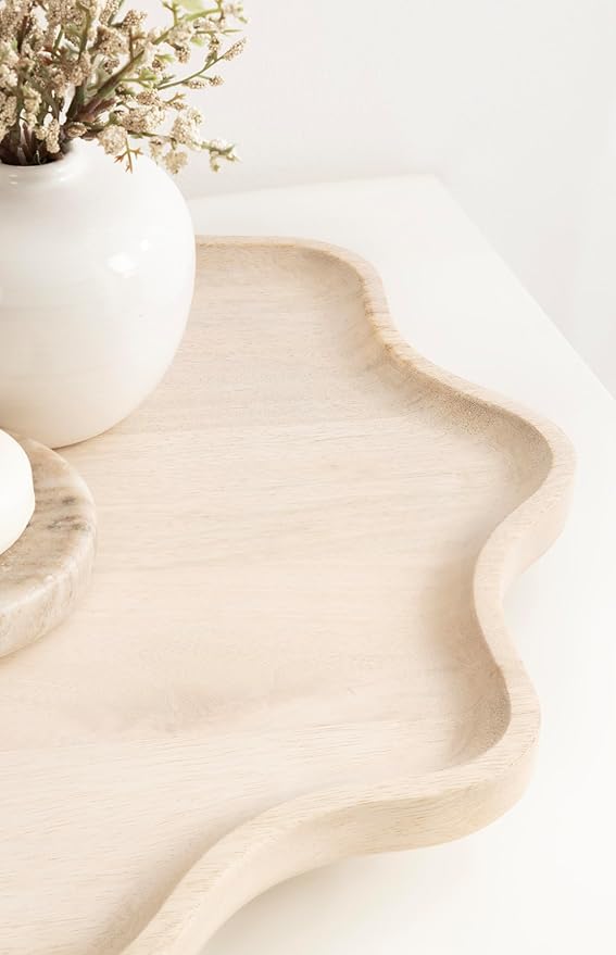 Kate and Laurel Alezar Mango Wood Wavy Round Lazy Susan Tray, 18 Inch Diameter, Light Bleached Wood, Scalloped Wooden Countertop Organizer with Turning Lazy Susan for Kitchen Storage or Ottoman Tray