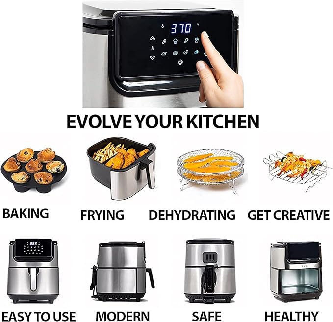 Yedi Evolution Air Fryer, 6.8 Quart, Stainless Steel, Ceramic Cooking Basket, with Deluxe Accessory Kit and Recipe Book