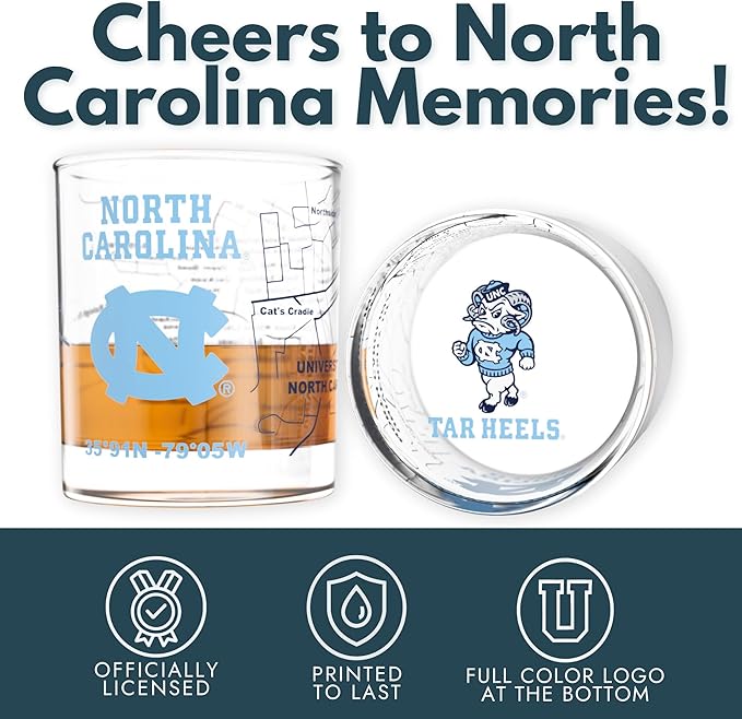 Greenline Goods – University of North Carolina Tar Heels College Whiskey Glasses (Set of 2), 10 oz – Full-Color Logo + Campus Map