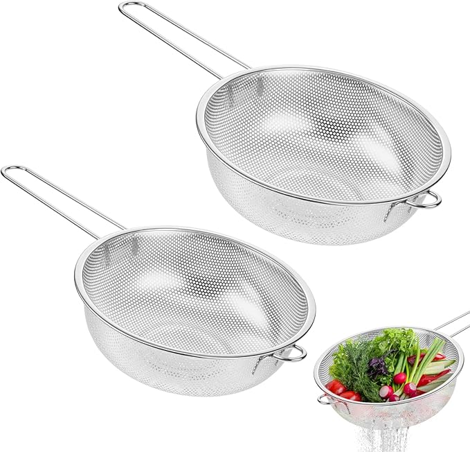 2 Pack Stainless Steel Colander with Handle 8.8" and 10" Kitchen Metal Basin Colander Handheld Mesh Strainer Deep Fry Basket Colander for Strain, Fry or Cook Vegetables, Pasta, Wash fruits