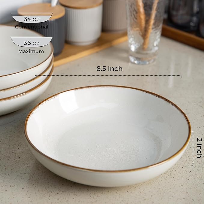 AmorArc 8.5'' Large Pasta Bowls, 36oz Ceramic Salad Serving Bowls Set of 4 for Kitchen, Wide Stoneware Bowls for Pasta,Salad,Fruit,Bread, Microwave Safe, Reactive-Pearl White