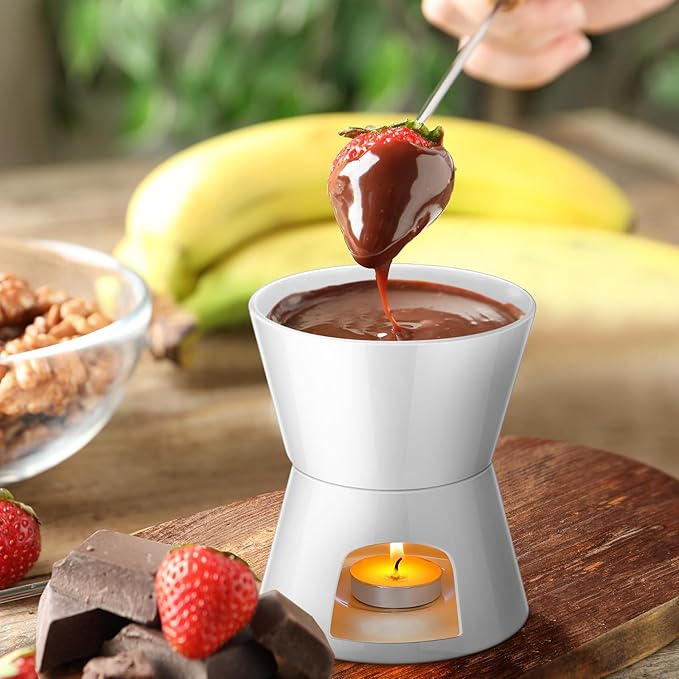 Mudder 8 Pcs Mini Fondue Pot Set with 32 Color Coded Forks Porcelain Tea Light Melting Mugs for Chocolate Cheese and Dessert Small Fondue Pot Set for Christmas Valentine's Parties Tapas Gifting