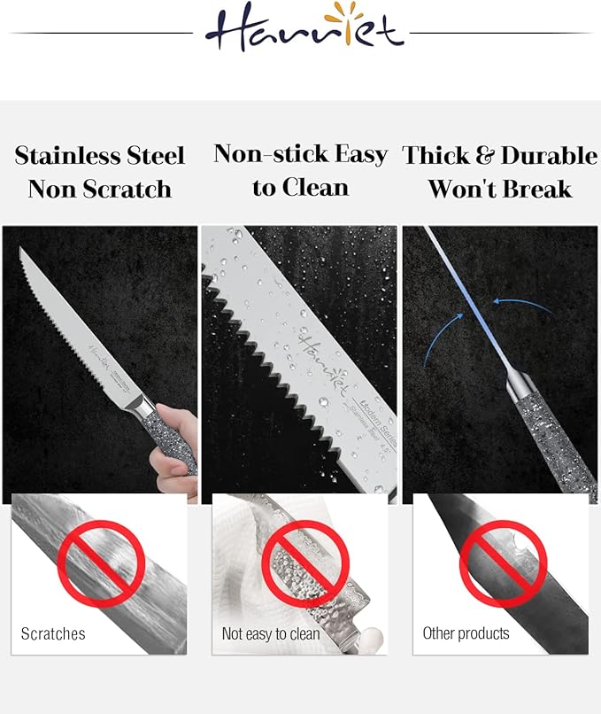 harriet Steak Knives Set of 8, 4.5" Serrated Steak Knives, Full Tang Premium Stainless Steel Steak Knives Set with Gift Box, Dinner Knives, Marble Pattern Handle