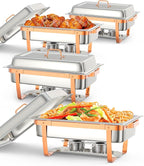 Chafing Dish Buffet Set, 8QT 4 Pack, Rectangle Chafing Dishes for Buffet w/Lid Holder, Stainless Steel Chafer Food Warmers Servers for Kitchen Party Banquet Dining, Rose Gold