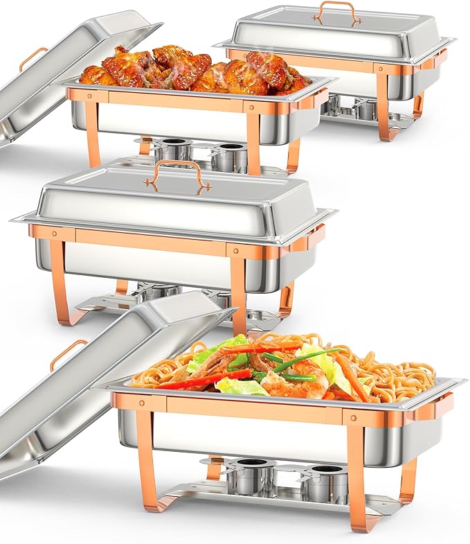 Chafing Dish Buffet Set, 8QT 4 Pack, Rectangle Chafing Dishes for Buffet w/Lid Holder, Stainless Steel Chafer Food Warmers Servers for Kitchen Party Banquet Dining, Rose Gold