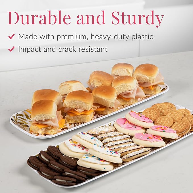Prestee Disposable Gold Serving Trays for Parties, 3 Pack - Elegant Plastic Trays for Serving Food, 13x9 In. Dessert Platters, Gold Platters for Weddings, Holiday Events, Buffets, and Dessert Tables