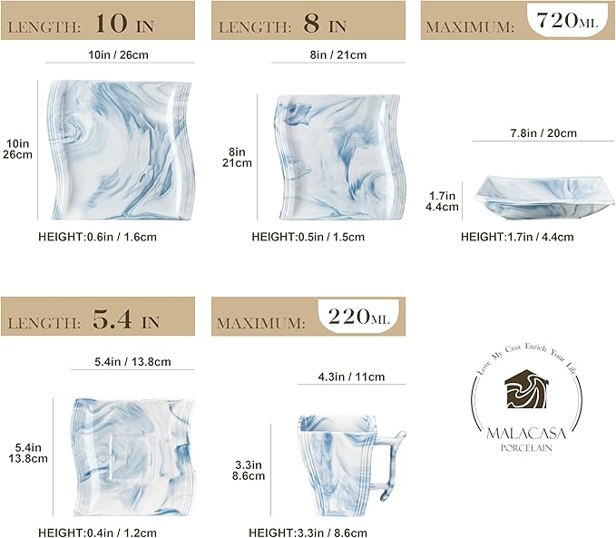 MALACASA Dinnerware Sets for 6, 30 Piece Porcelain Plates and Bowls Sets, Square Dish Set with Dinner Plate and Bowl, Cup and Saucer, Blue Dishes Dinnerware Set, Modern Dishware Sets, Series Flora