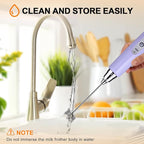 YUSWKO Light Purple Handheld Milk Frother Wand for Coffee, Rechargeable Electric Whisk with 3 Heads 3 Speeds Drink Mixer Coffee Frother For Latte, Cappuccino, Hot Chocolate, Egg