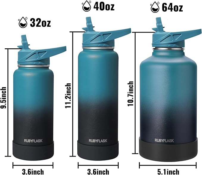 32oz Insulated Water Bottle with Straw, Stainless Steel Metal Vacuum Water Flask, Large Thermal Water bottle with Leakproof 3 Lids for Travel, Camping, Gym Sports Black Gray