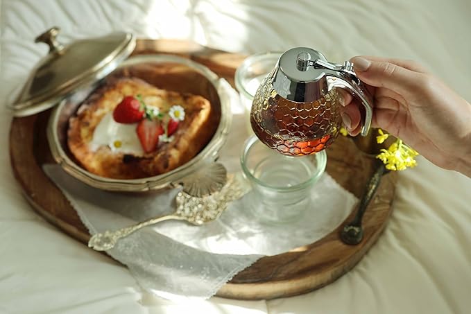 Stainless Steel Shaft, Glass Honey Dispenser, Chrome-Plated ABS Lid – No Drip Glass with Stand – 8 oz Honey Jar – Honeycomb Design Container – Honey Pot for Honey, Maple Syrup