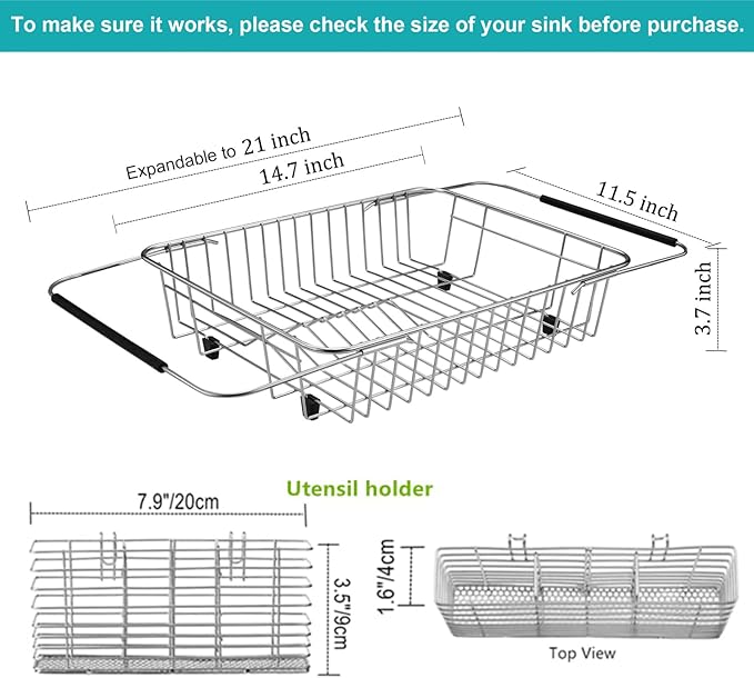iPEGTOP Expandable Dish Drying Rack Organizer and Utensil Cutlery Holder, 304 Stainless Steel Over Sink Dish Rack, Dish Drainer in Sink or On Counter, Rustproof