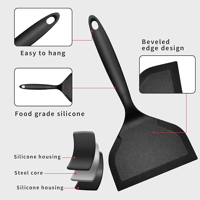 Dioycli Silicone Spatula Turner Wide pancake flipper, Non Stick Egg Flipper Spatula Bpa Free Tamagoyaki, Black, 2 Pieces for Cake Egg Pizza Steak Fish