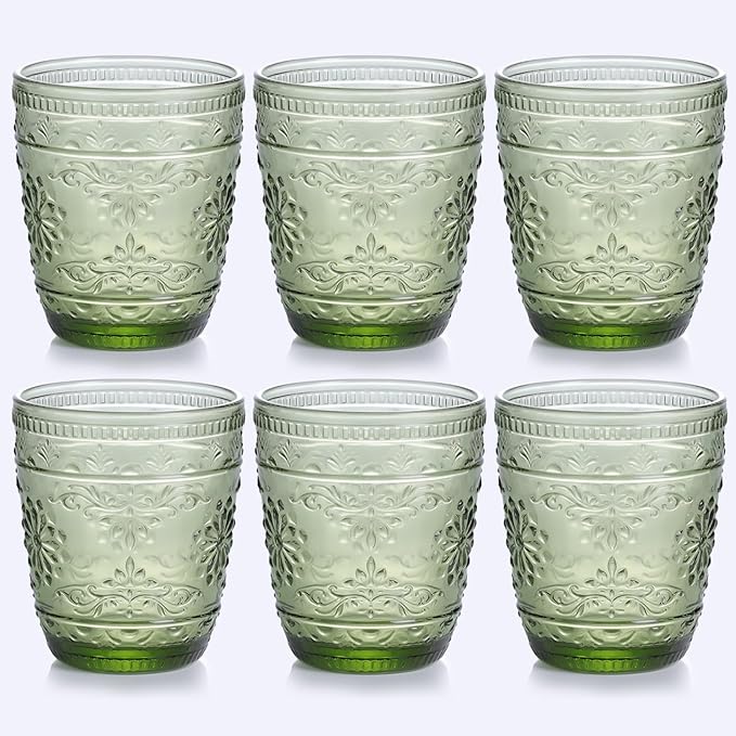 6Pcs Green Drinking Glassware, 10oz Drinking Glasses, Heavy Duty Glass Cups, Colored Embossed Glasses Set for Party Wedding Home Office Glassesware Gift